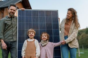 Lächelnde Familie vor einem Solarpanel